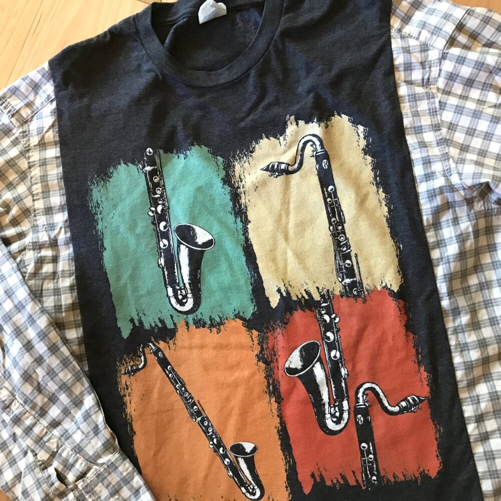 Upcycled Reworked Graphic T-Shirt, Saxophone Theme Plaid Shirt, Size S - M - Picture 11 of 12